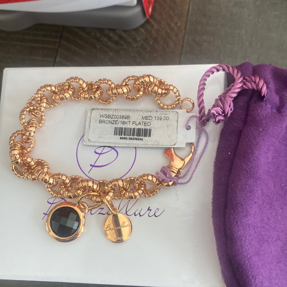Bronzallure gold plated bracelet with faceted onyx charm NEW